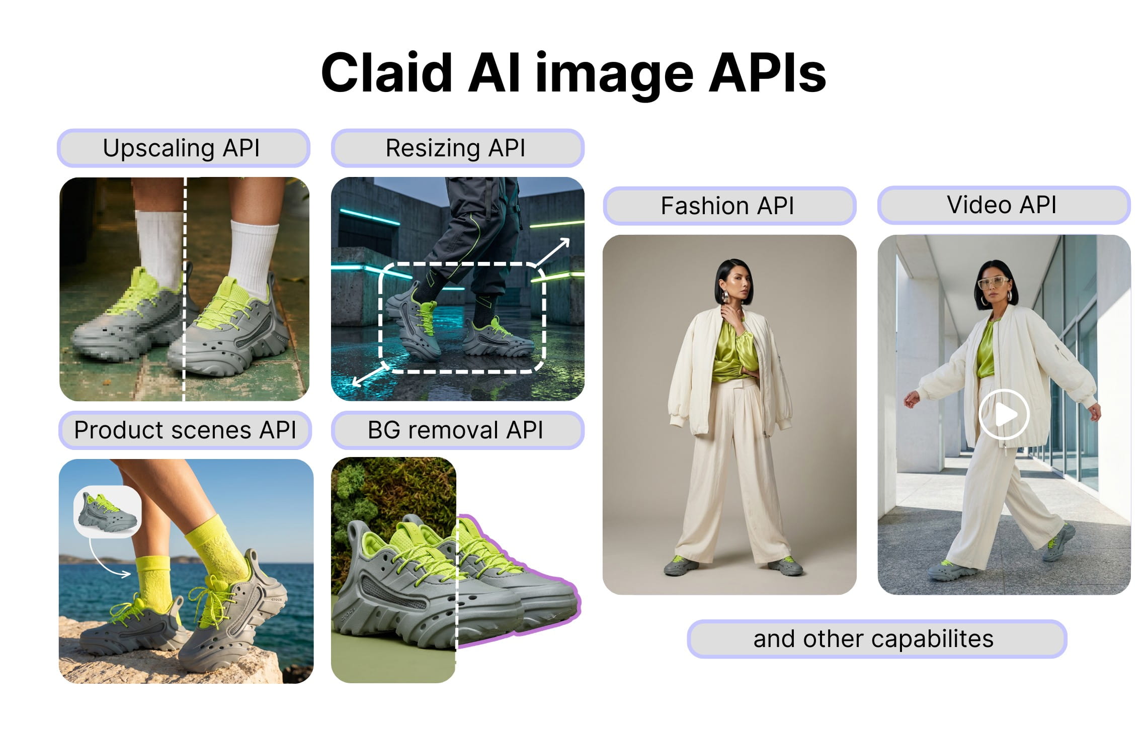 Claid AI offers a range of AI image APIs including upscaling, resizing, bg removal, product and fashion photo and video generation