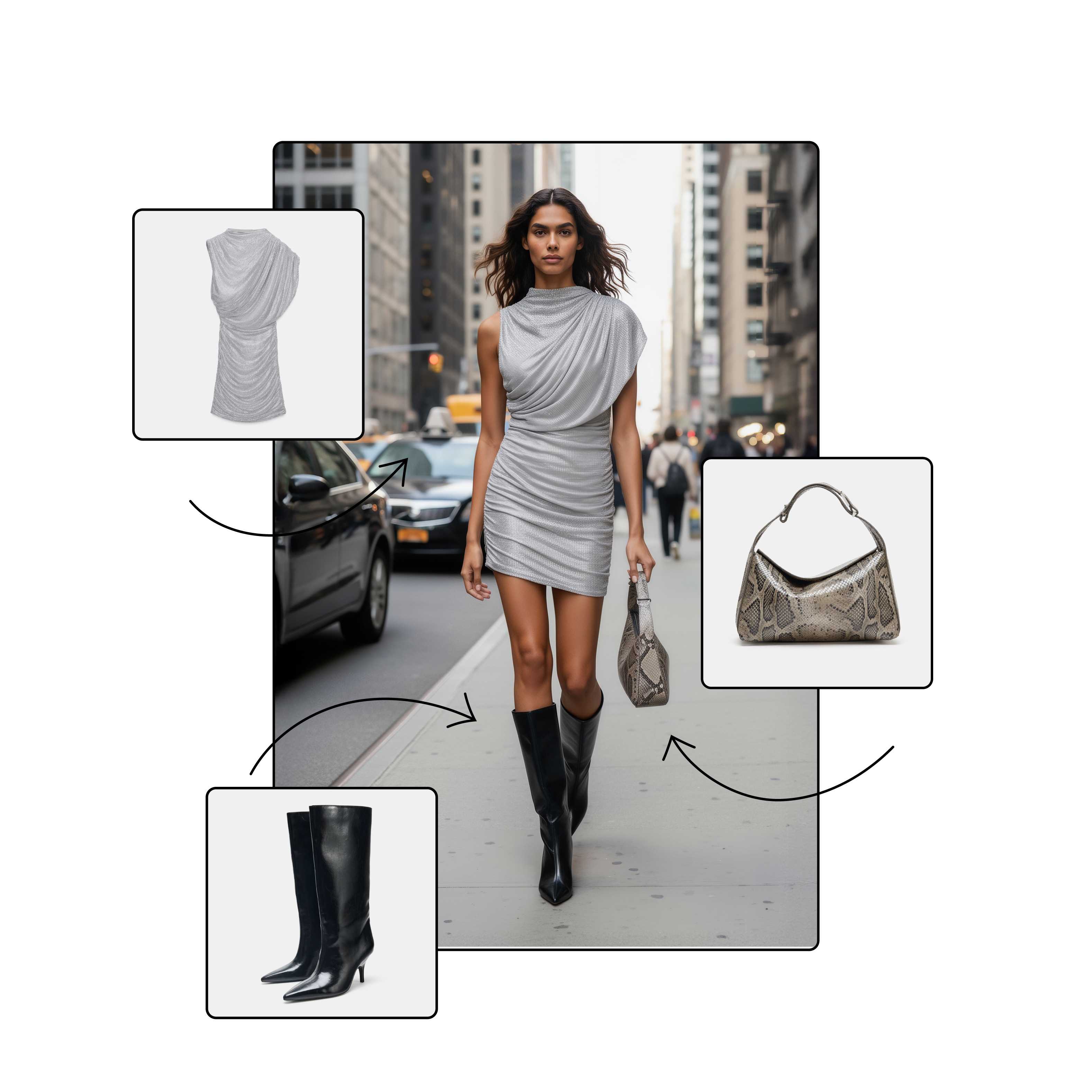 AI fashion photography collage with outfit photos and accessories
