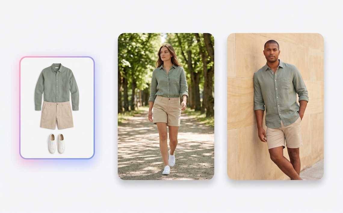 Flat lay garment converted to on-model fashion photography with AI
