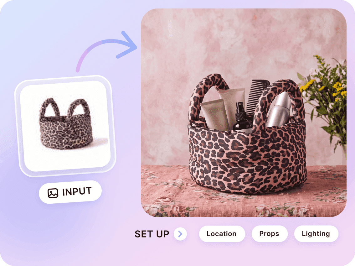 Leopard print basket on white turned into a styled scene with props, flowers, and a pink wall