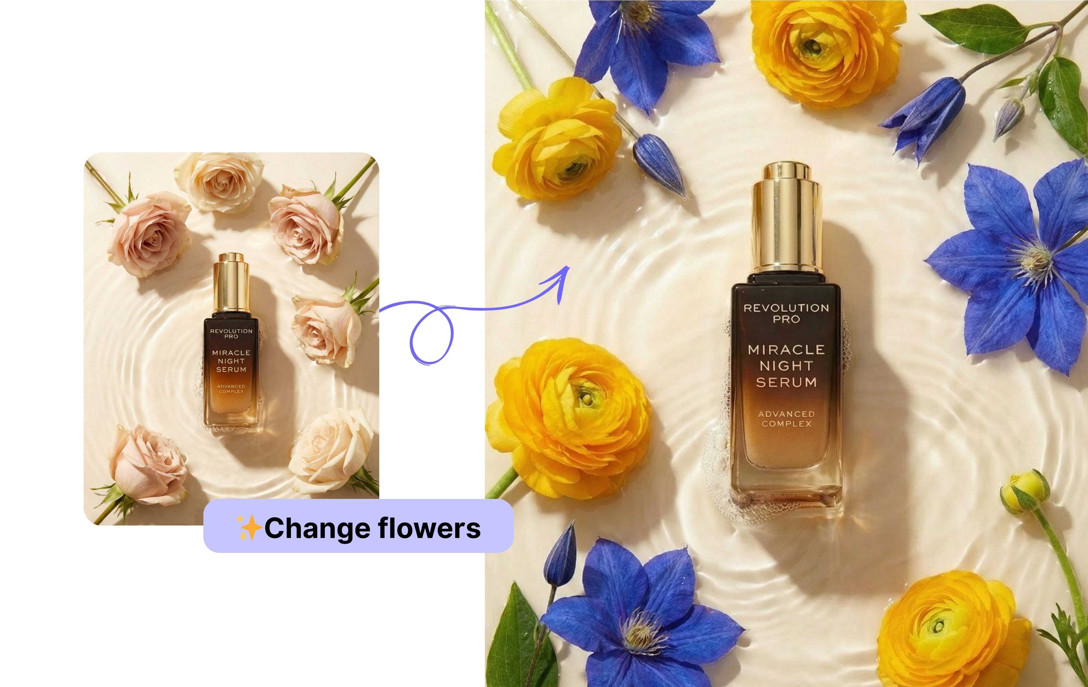 Step 2: Describe changes - serum bottles with varied flowers