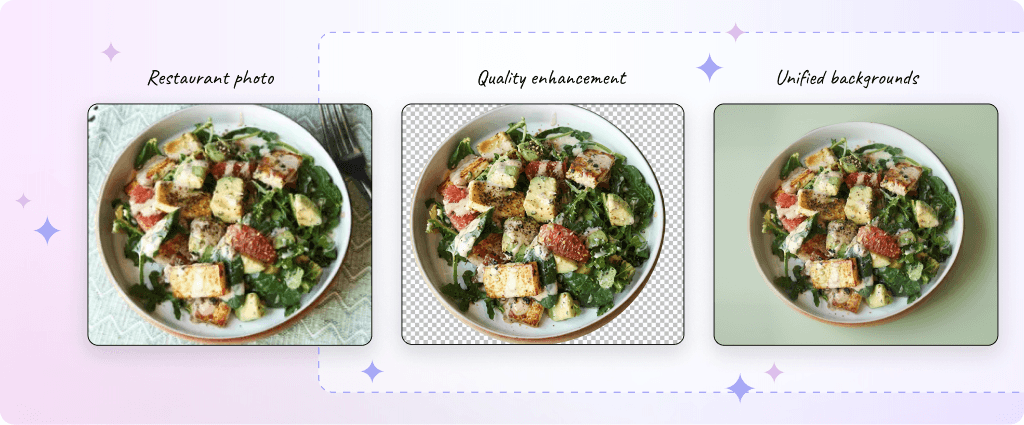 Restaurant photos enhanced by Claid AI: original, quality enhancement, and unified backgrounds