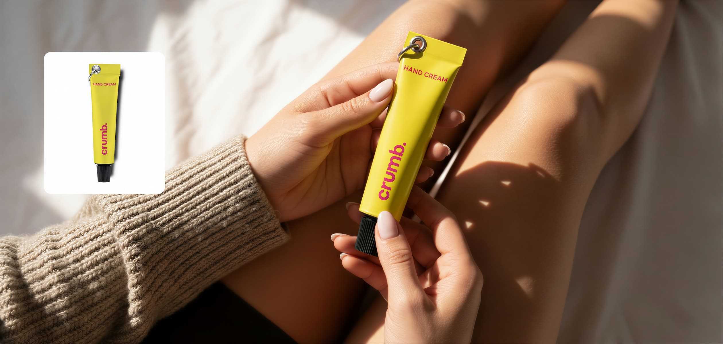 AI product photography lifestyle shot of hands holding hand cream tube