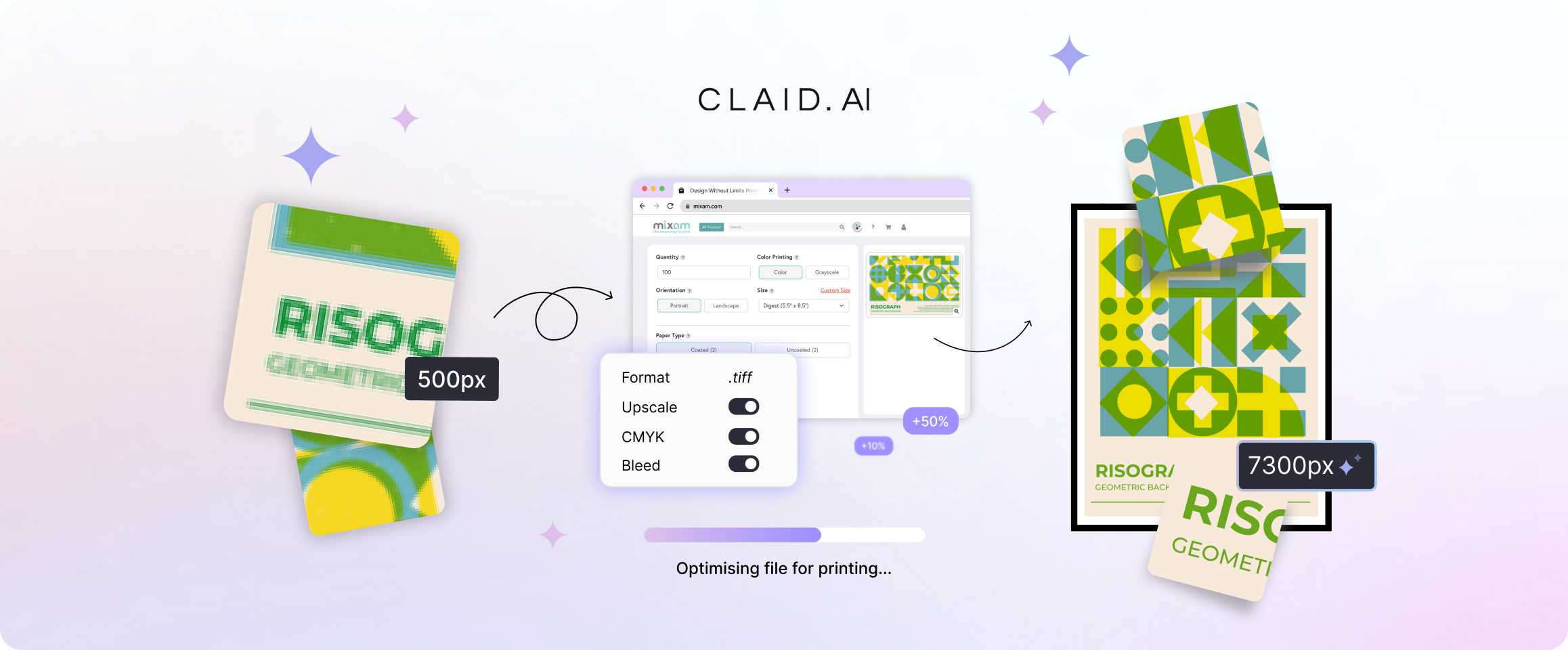 Claid AI upscaling a 500px Risograph file to a 7300px print-ready output with TIFF and CMYK toggles