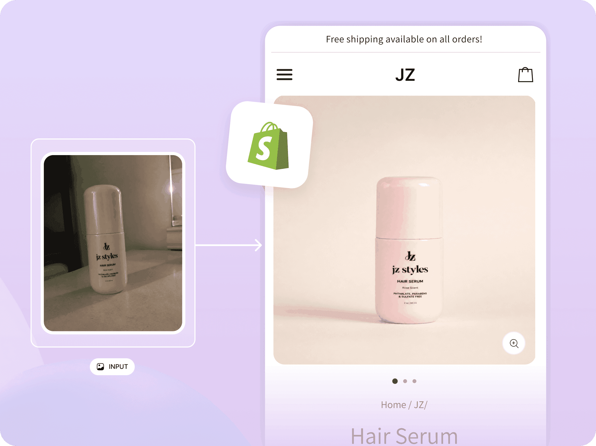Phone photo of a hair serum bottle turned into a clean product image on a Shopify product page