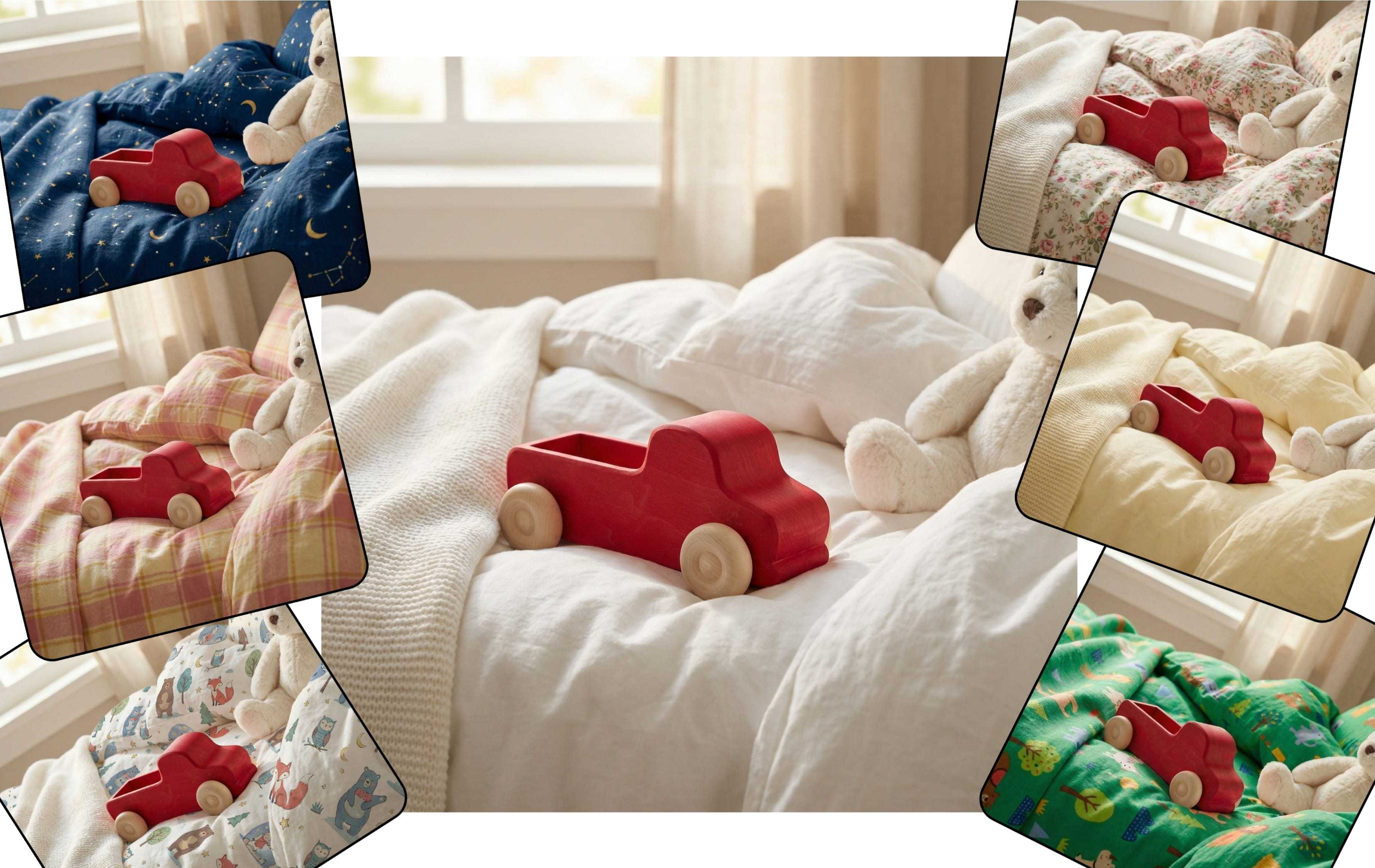Turn one packshot into channel-ready creative - toy truck with different bedding backgrounds