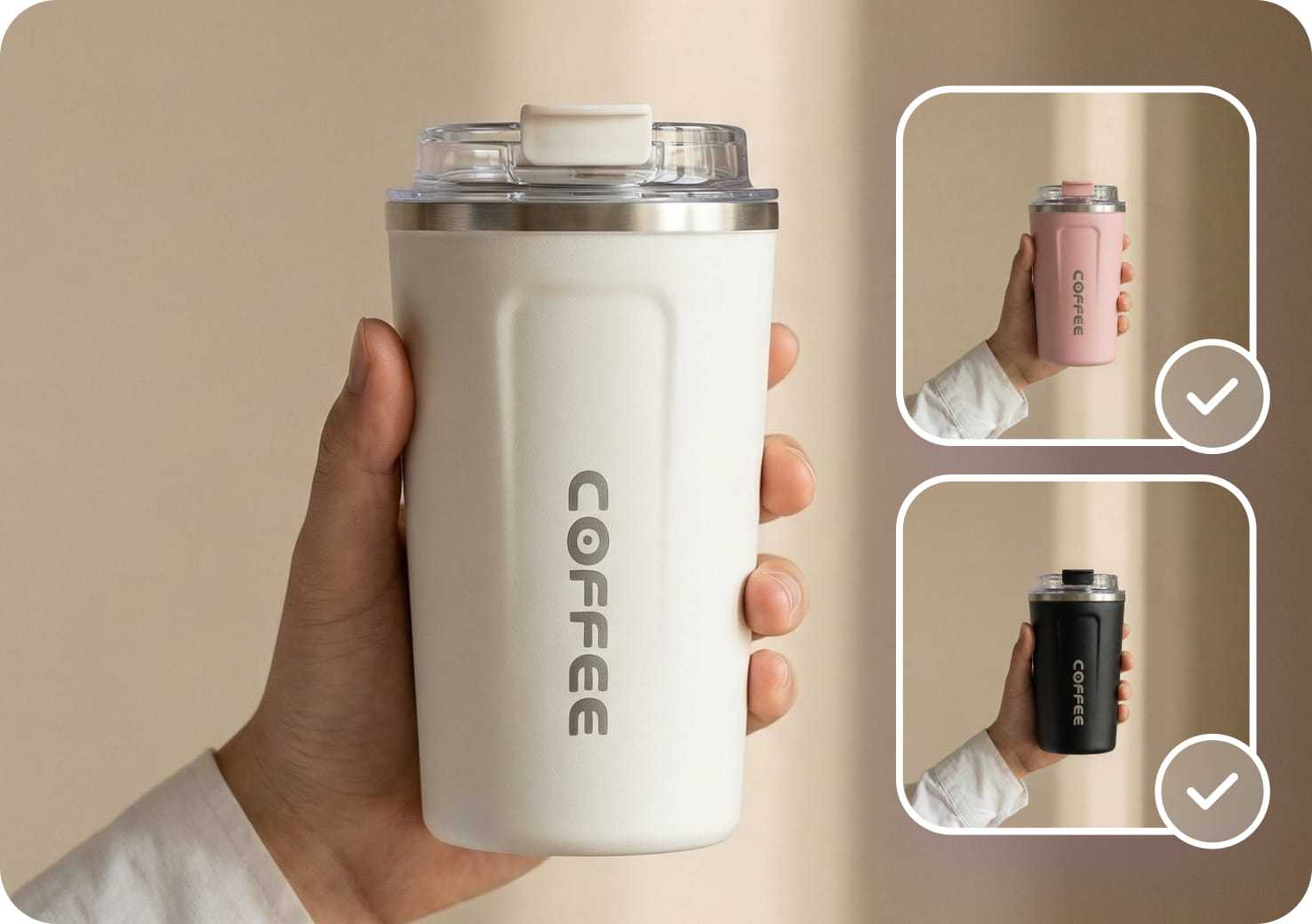 Hand holding a white travel mug with pink and black color variants of the same photo