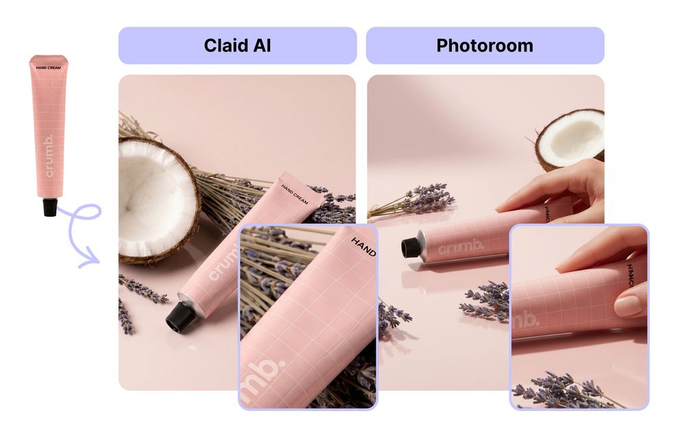 AI product photography fidelity comparison between Claid AI and Photoroom