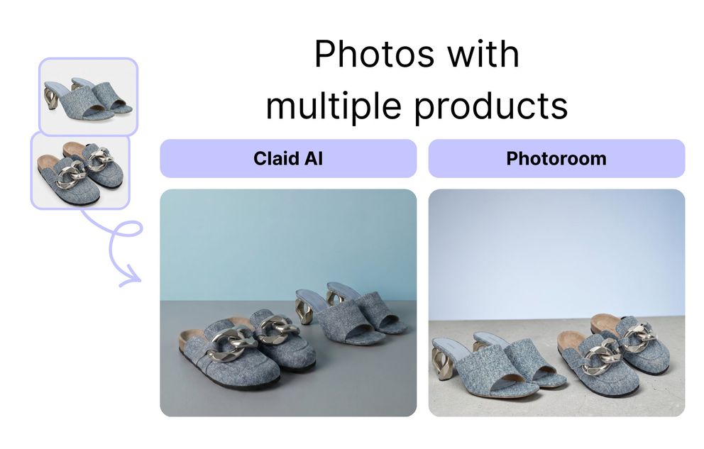 Multi-product composition built from separate product uploads in Claid AI and Photoroom