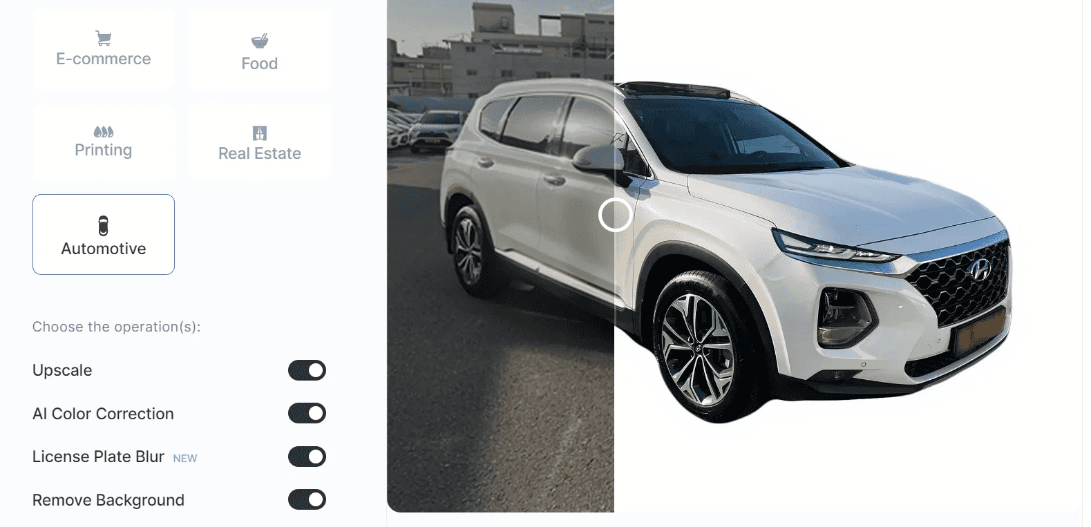 Car editing workflow in Caranty demonstrating AI-enhanced listing photos