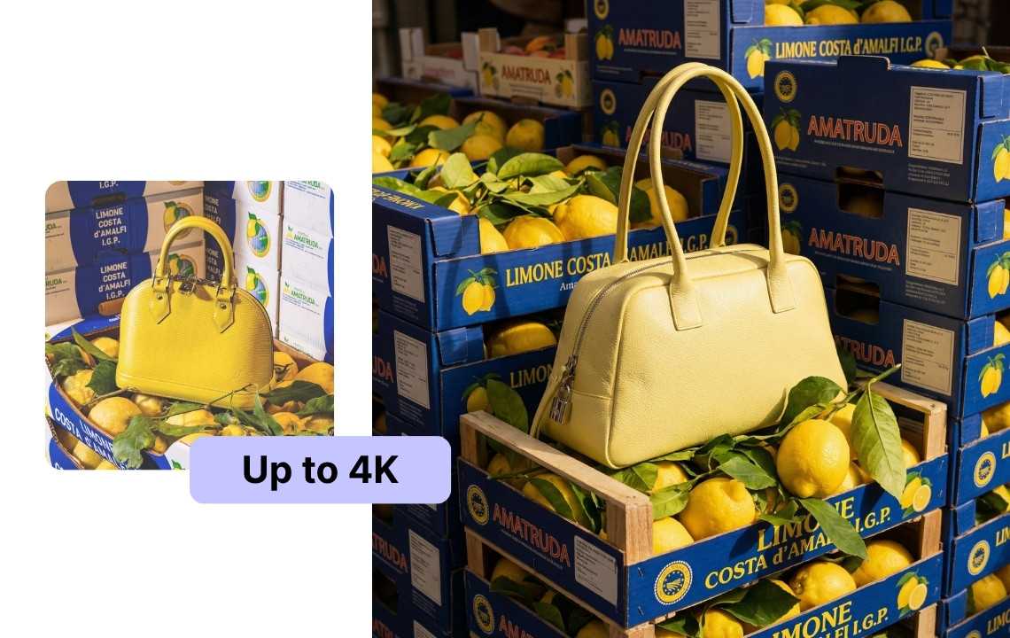 Generate visuals up to 4K - bag and perfume product transformations