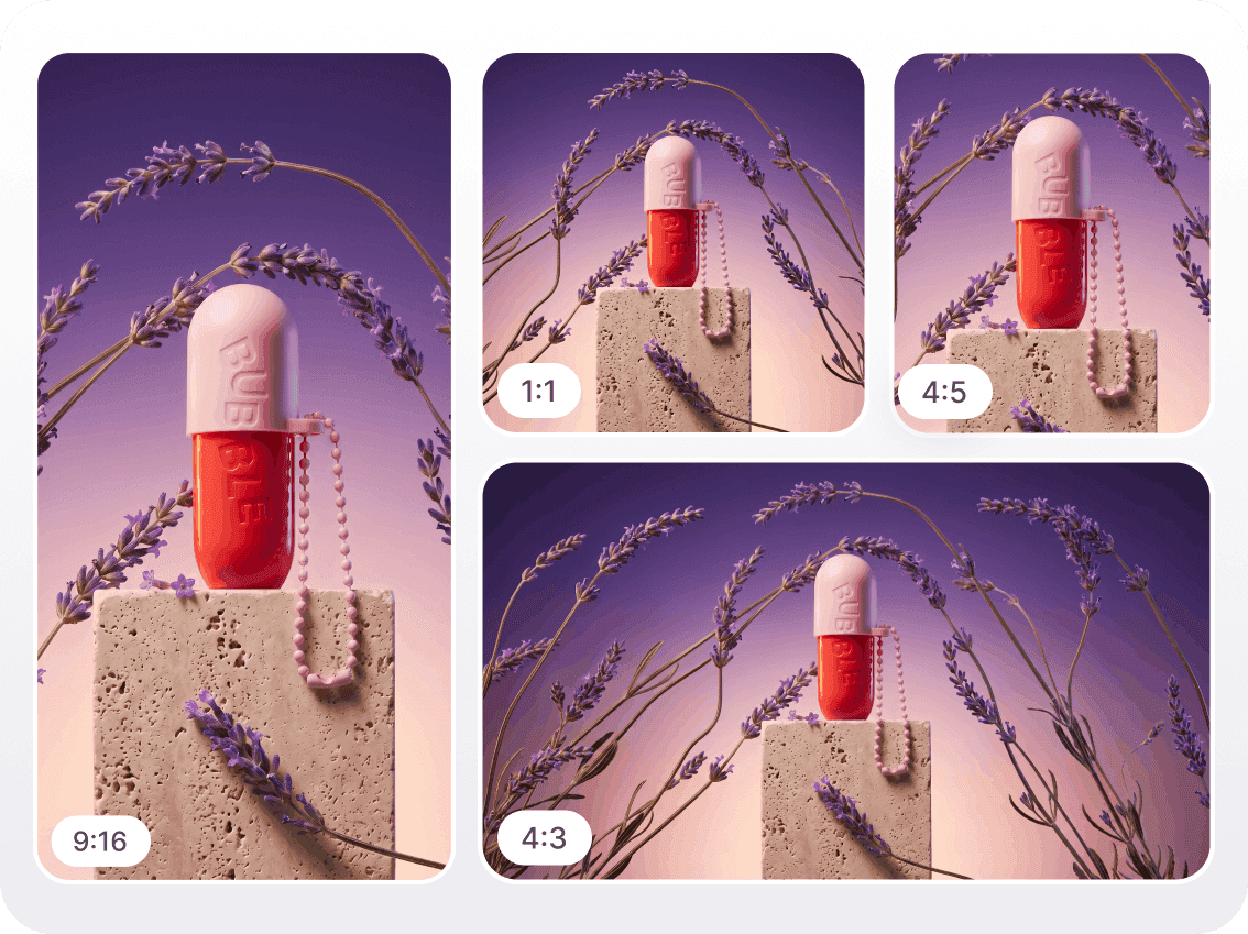 One lipstick product photo resized to 9:16, 1:1, 4:5, and 4:3 aspect ratios