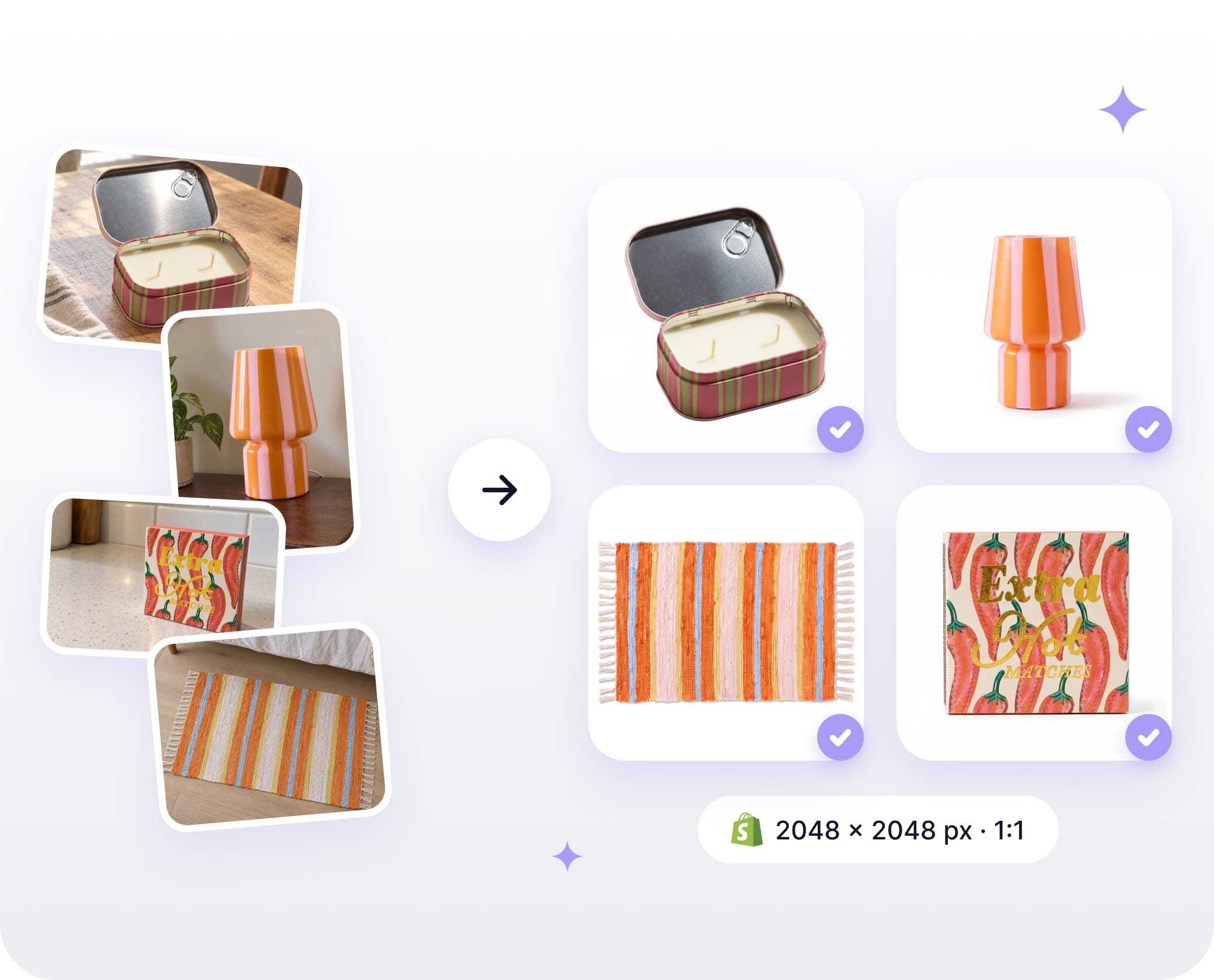 Mixed home product photos turned into consistent 2048 × 2048 px square images on white
