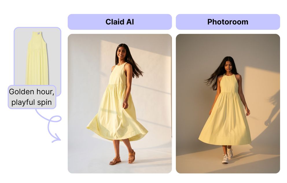 AI fashion photography of the same garment generated in Claid AI and Photoroom