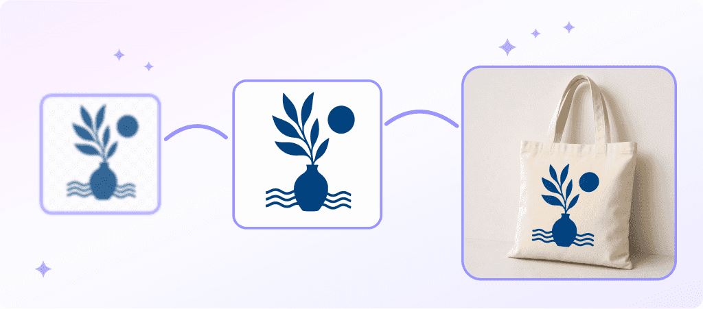 Bag product image enhanced with Claid AI — blurry low-resolution to sharp print-ready output