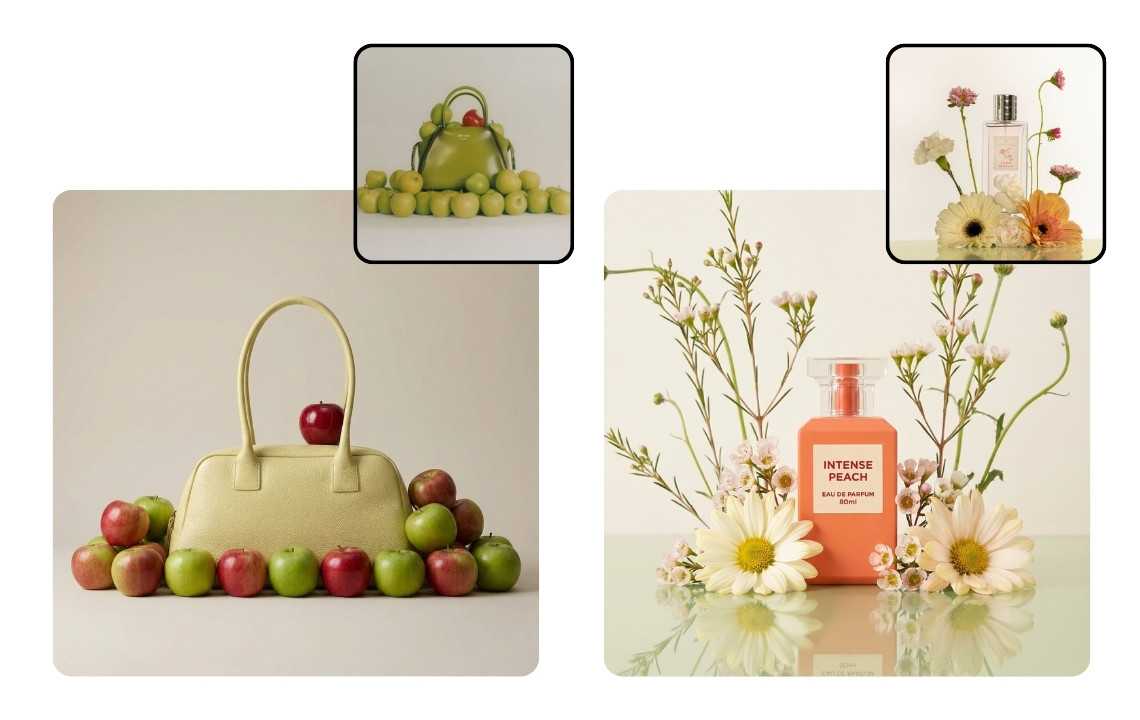 Keep your product at the center - handbag with flowers in blue setting