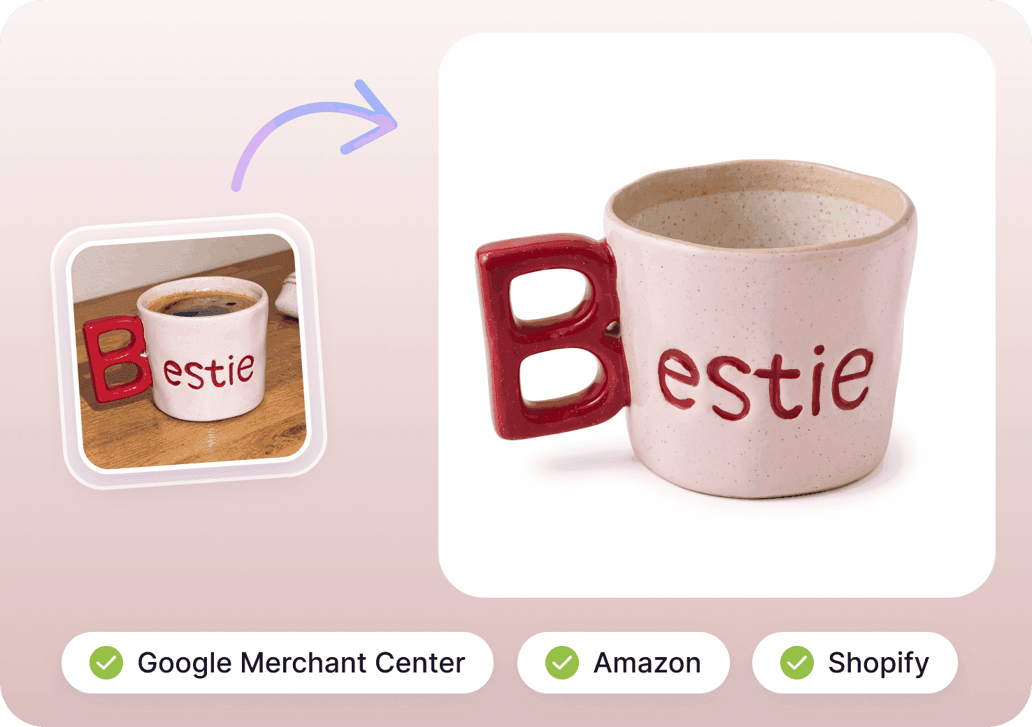 Mug photo on a wooden table turned into a white-background image for Google, Amazon, and Shopify