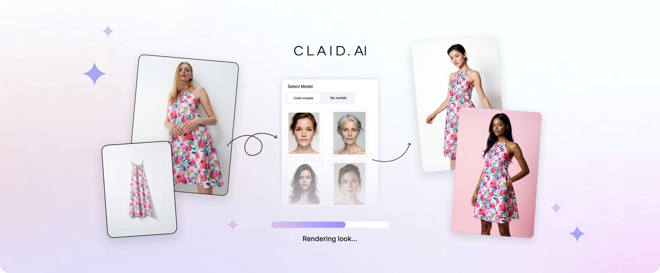 Claid AI Fashion suite: flatlay-to-model, face swap, and multi-pose generation for Kasta catalog