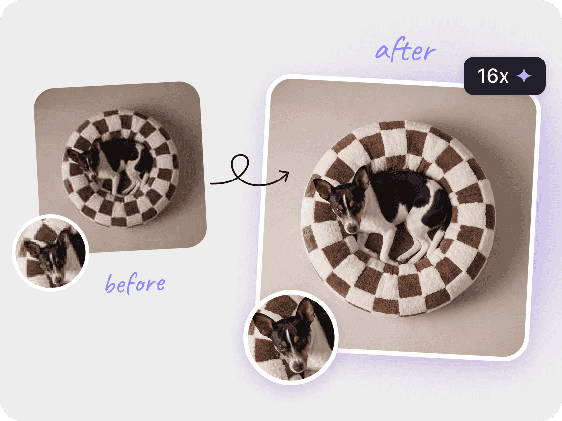 Blurry low-resolution photo of a dog bed upscaled 16x into a sharp, detailed image