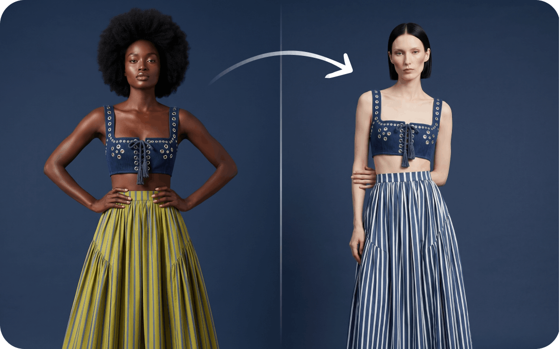 Same garment rendered in two different colorways while preserving pose and lighting