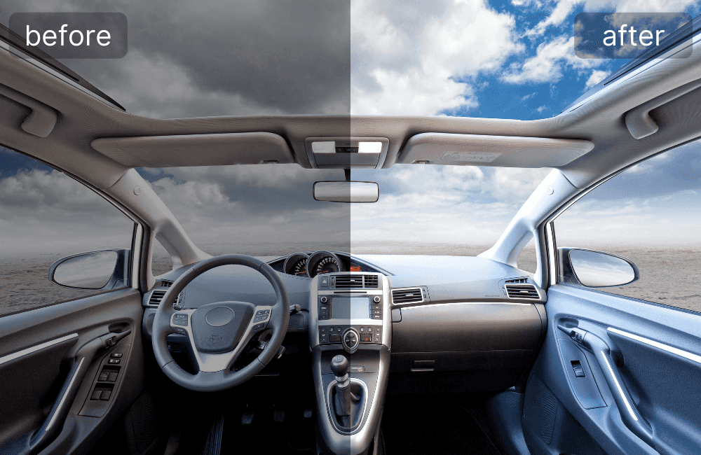 Before and after comparison of a 360° car photo enhanced with Claid AI for Agencia