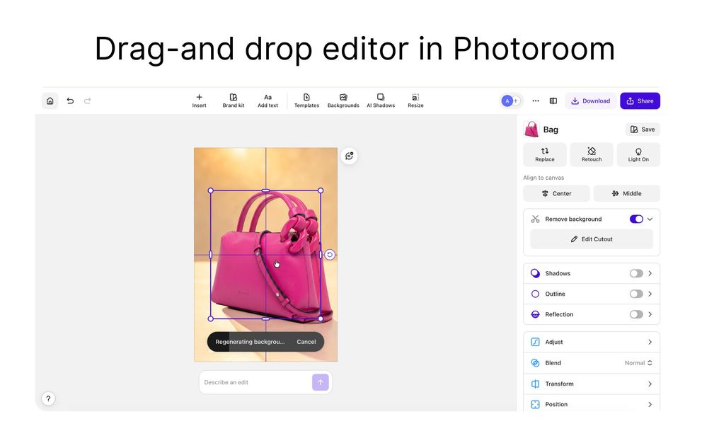 Photoroom AI image editor interface with quick editing tools