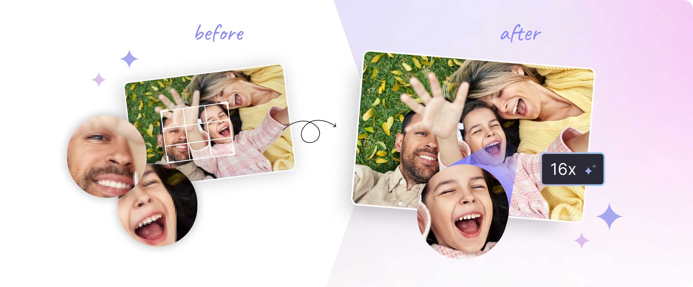 Before-and-after of a low-resolution photo upscaled 16x with Claid AI for print