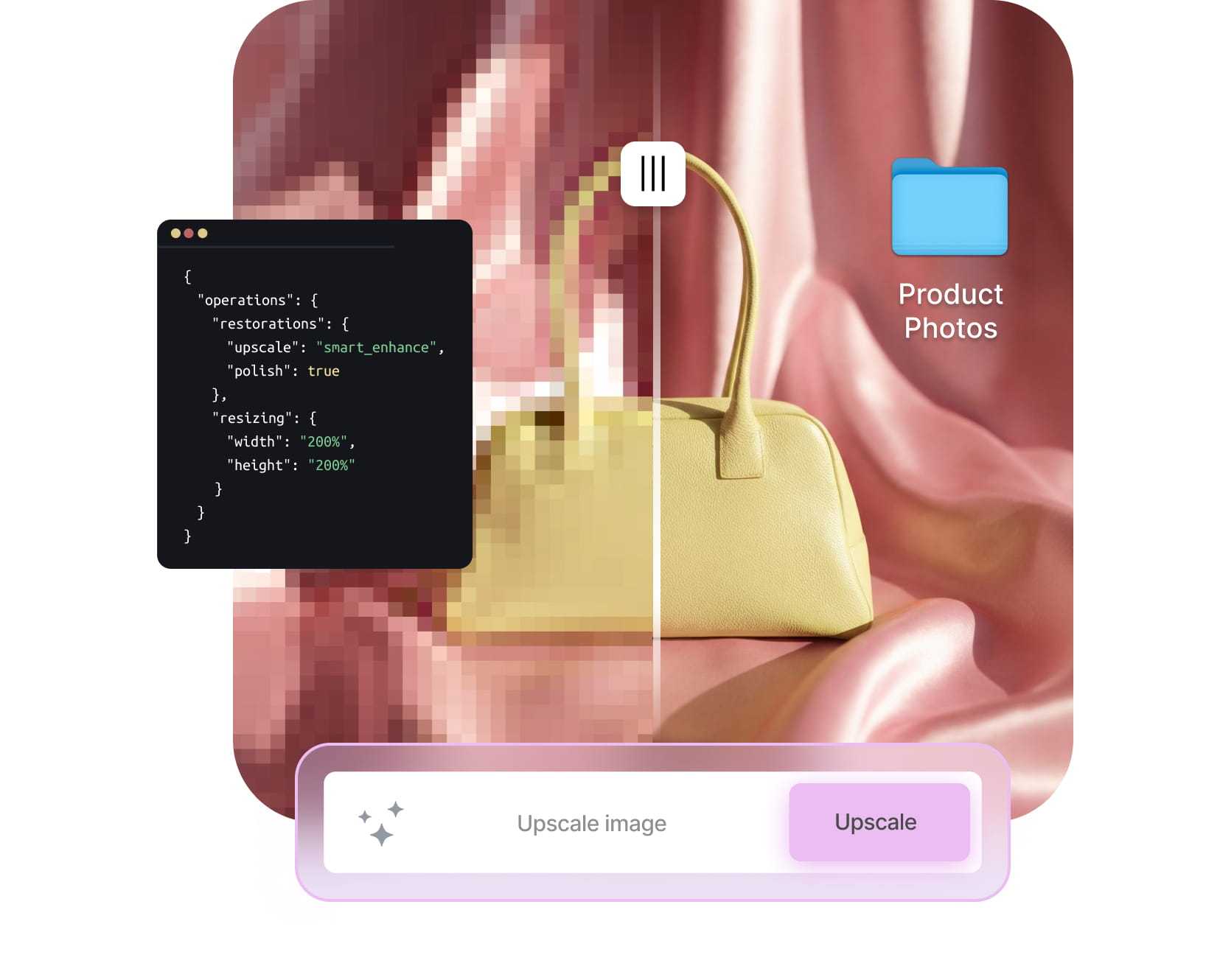 Upscale API turning a blurry product photo into a sharp, high-resolution image