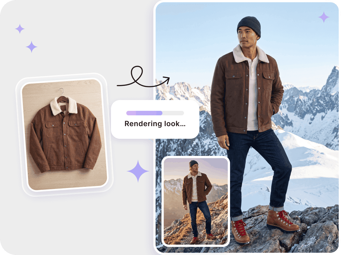 Brown sherpa jacket photographed on a hanger turned into an on-model photo in the mountains