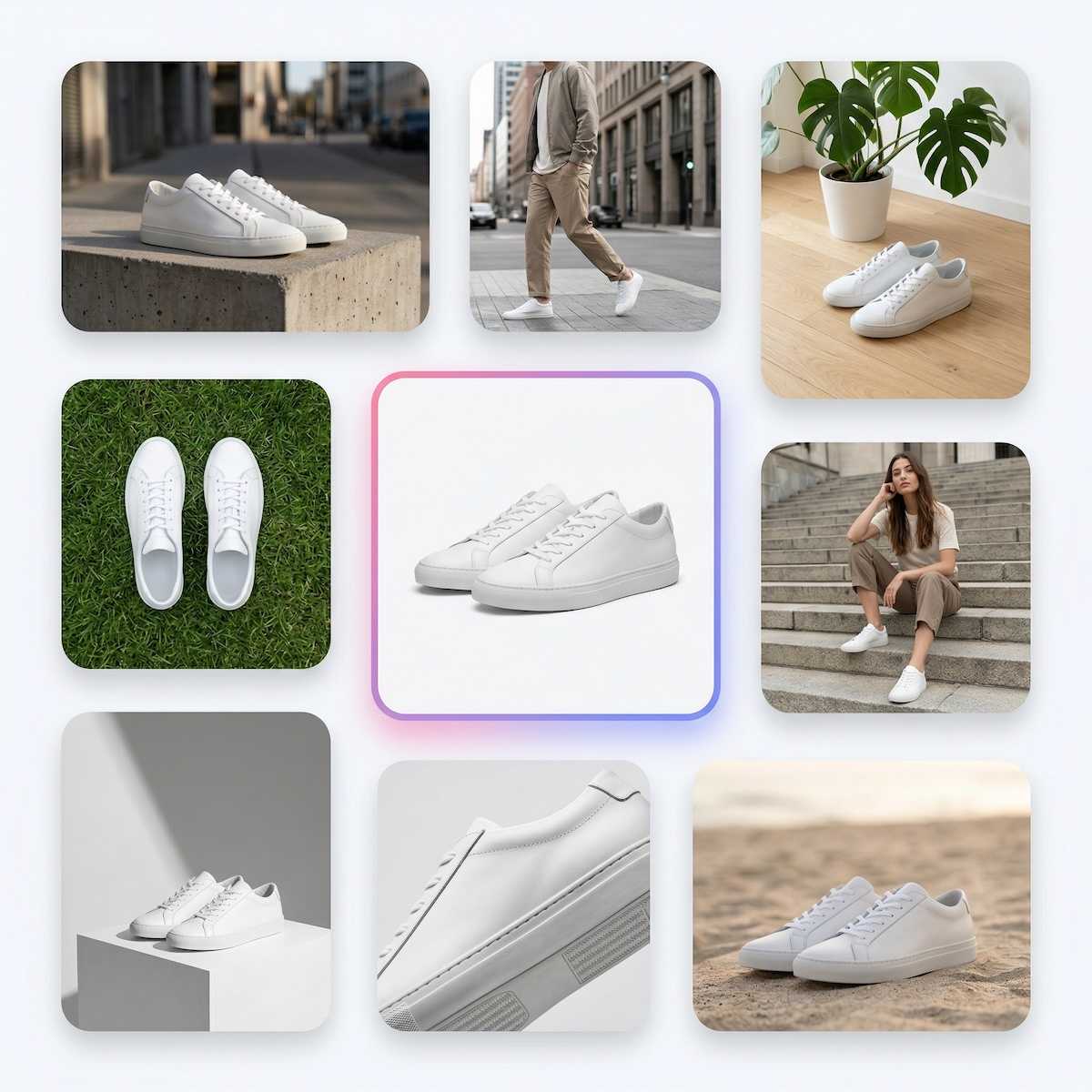 AI-generated product photos and fashion model shots showcasing Claid capabilities