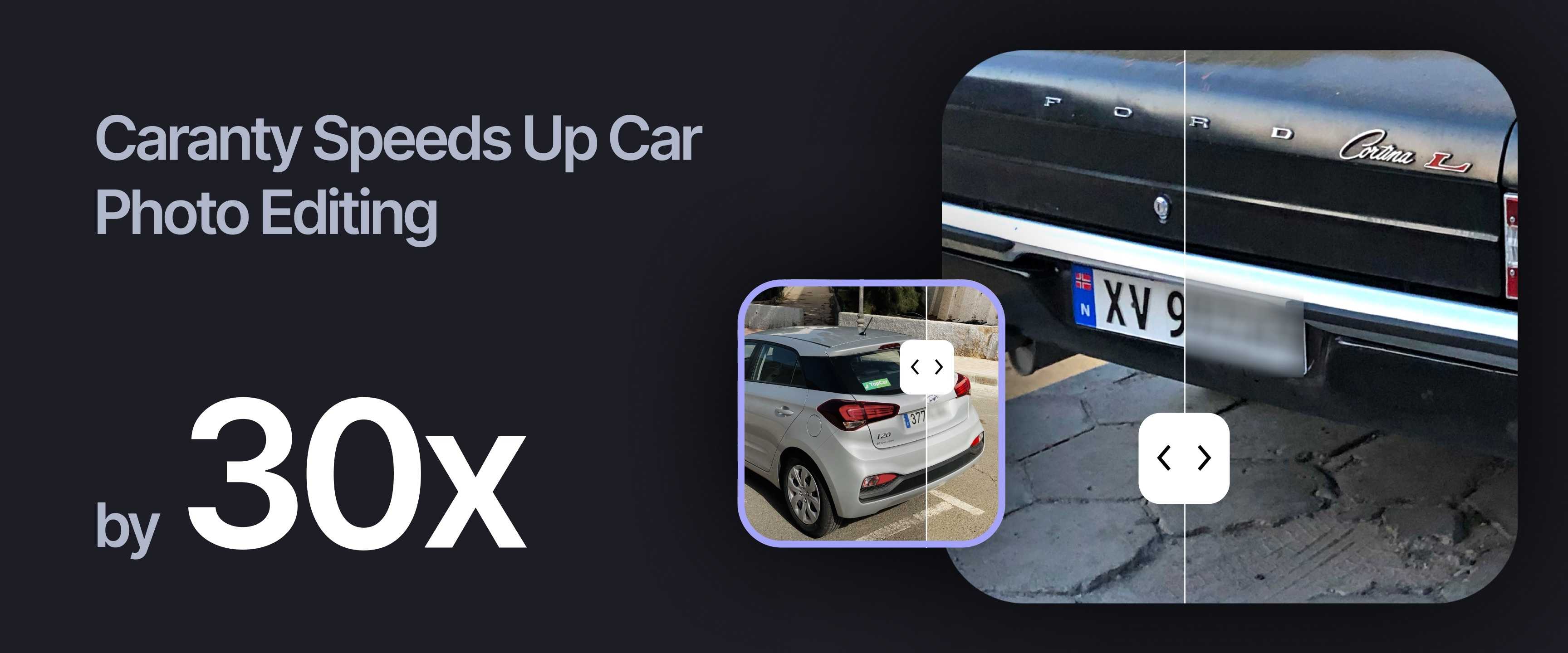 Caranty car listing showing AI-enhanced photo quality and 30x faster processing