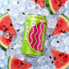 Video frame of a watermelon soda can lying on ice among watermelon slices