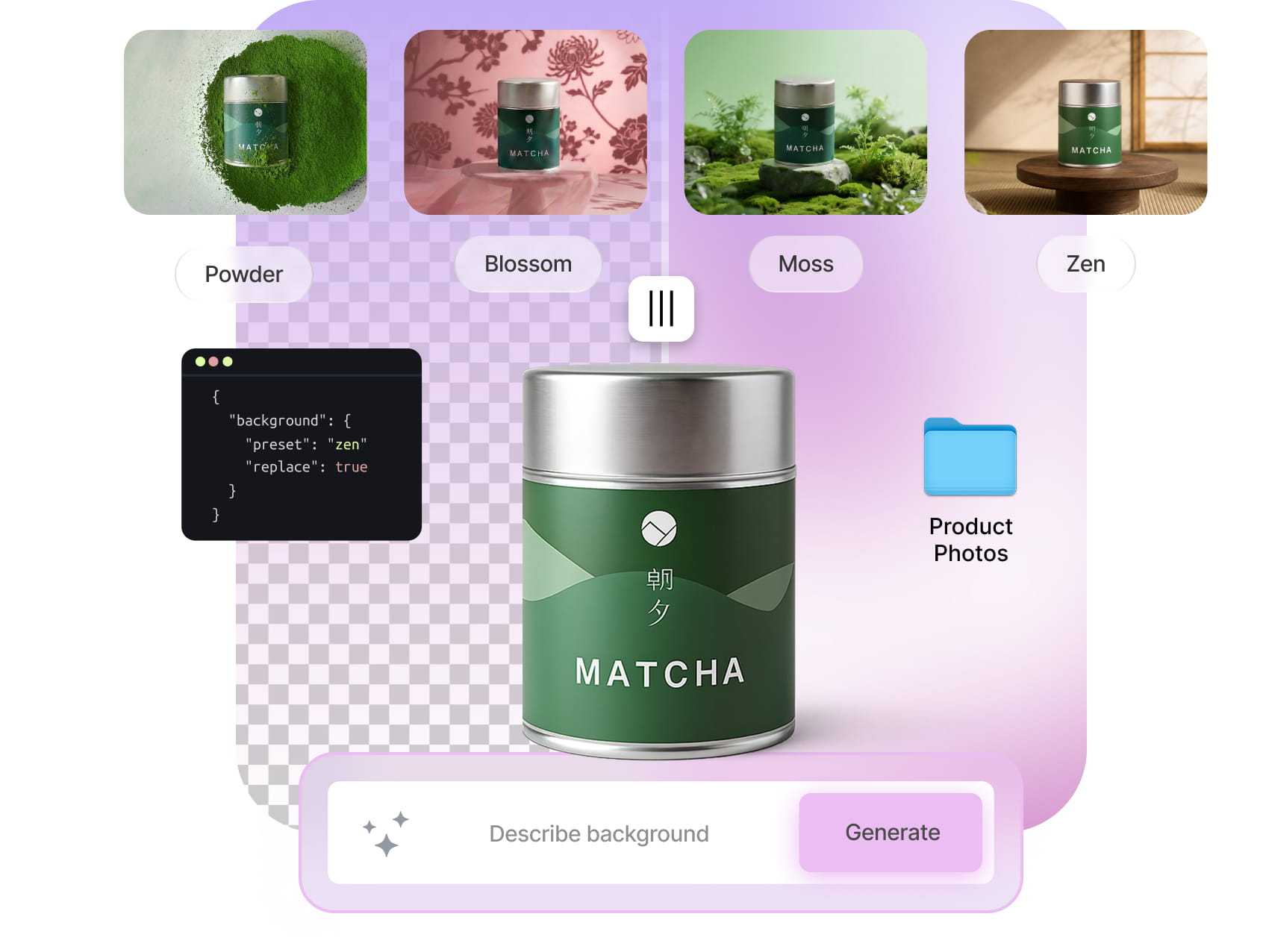 AI background generation API generating a product scene from a prompt