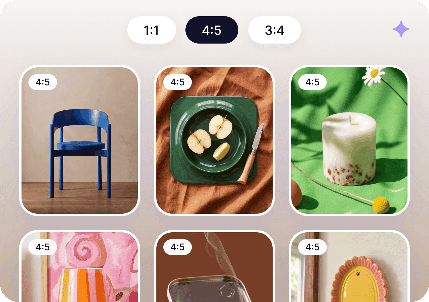 Collection grid of chair, plate, and candle photos resized to an even 4:5 ratio