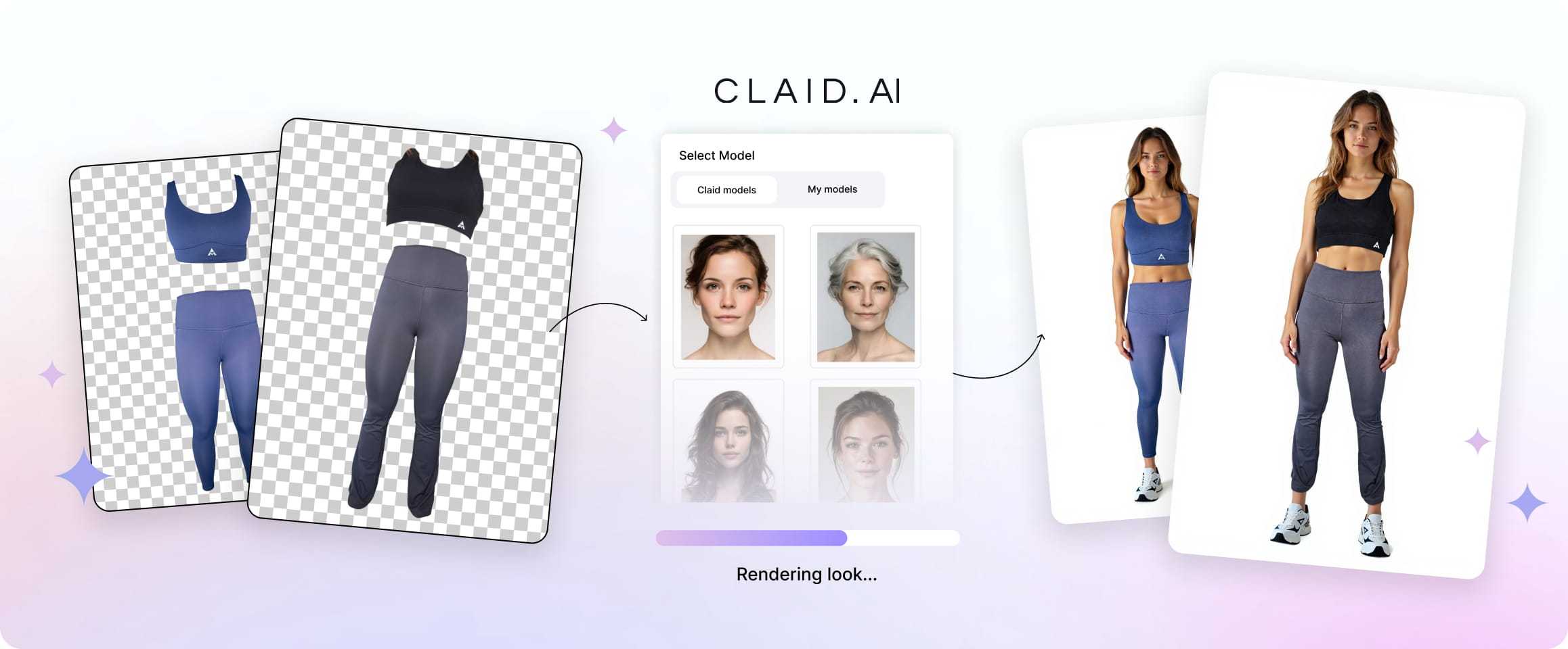 Auras Activewear flat-lays rendered on AI-generated models in Claid AI