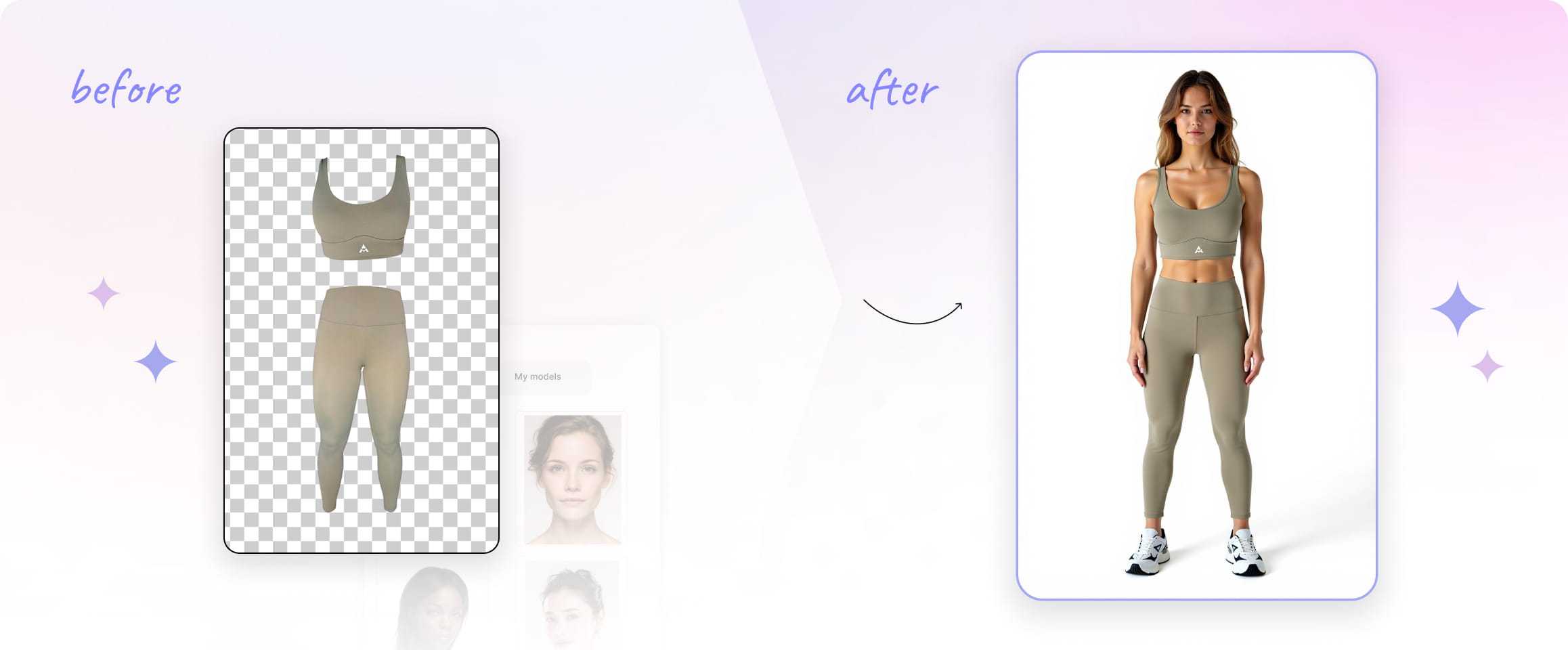 Before and after: Auras Activewear olive flat-lay rendered on an AI-generated model with Claid