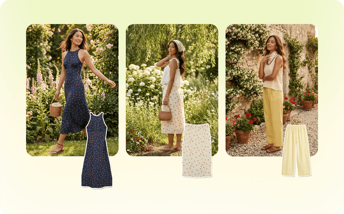 Flatlay product photos converted into full on-model fashion photos