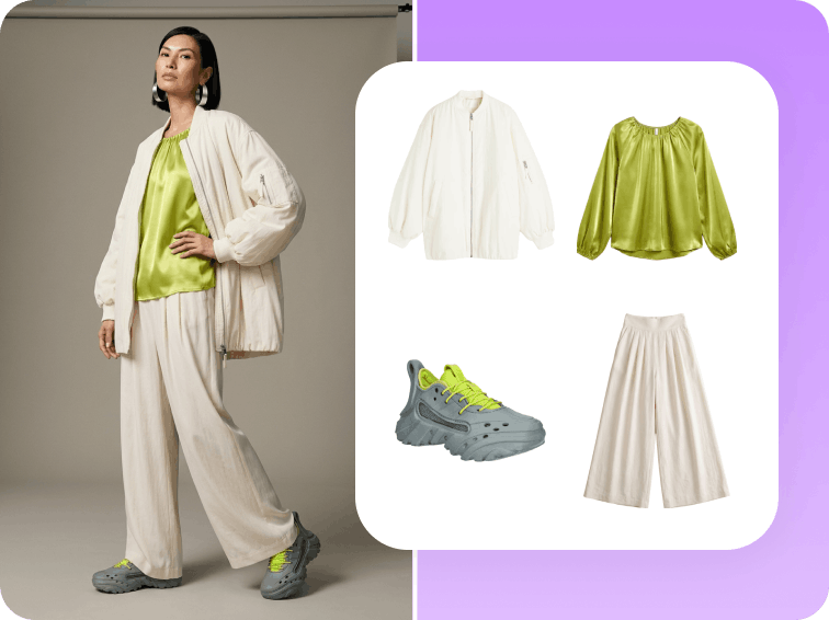 Complete outfit combining a top, trousers, sweater, and shoes into one look