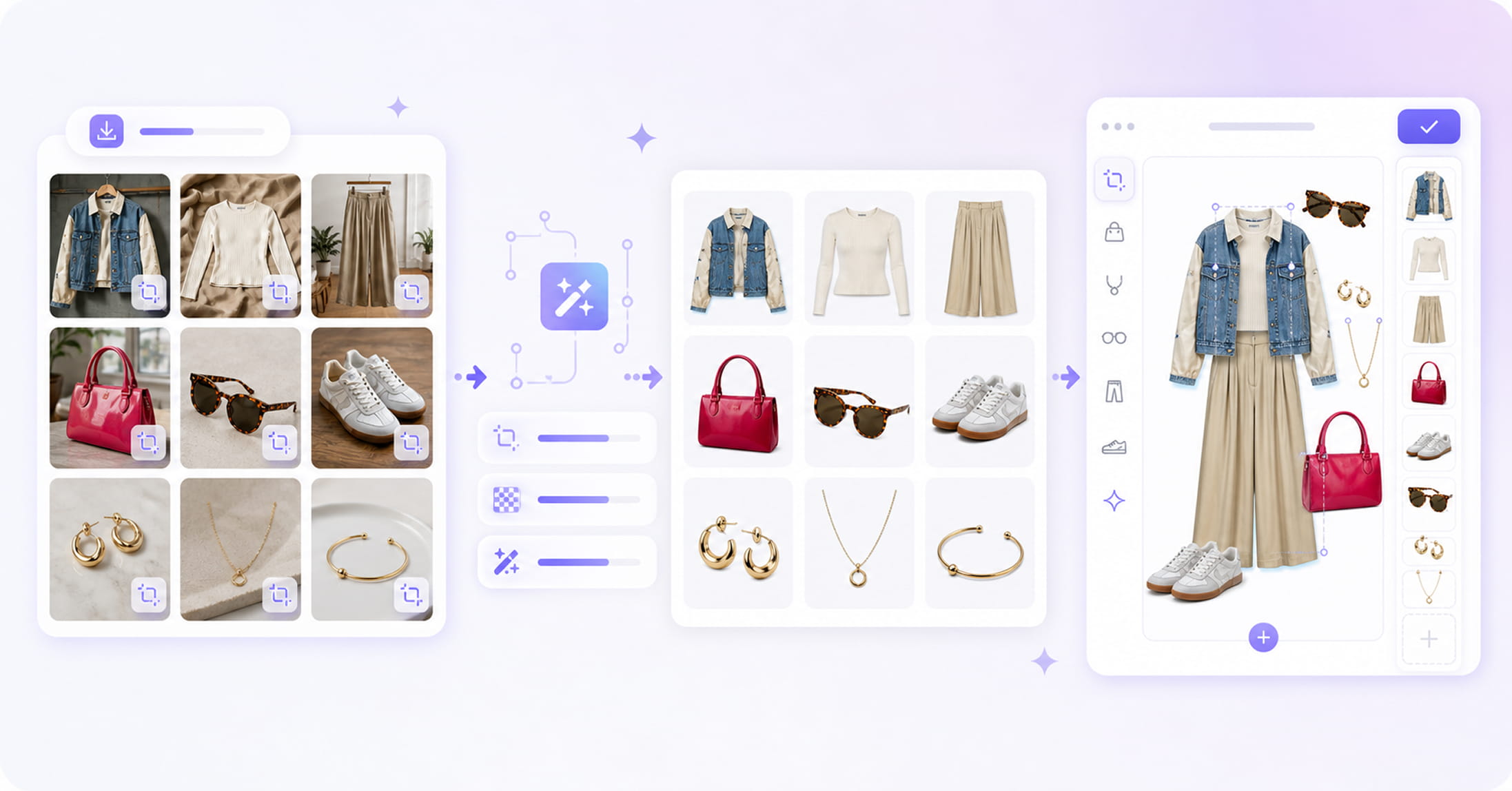 Kleidn flatlay fashion product cutouts prepared with Claid AI background removal