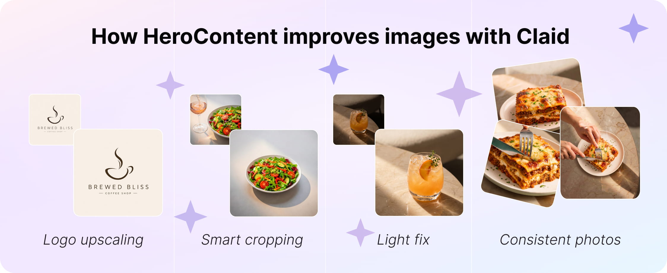 HeroContent restaurant images enhanced with Claid AI: upscaling, smart cropping, background removal