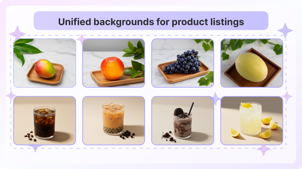 Unified backgrounds for Zepto product listings generated with Claid AI